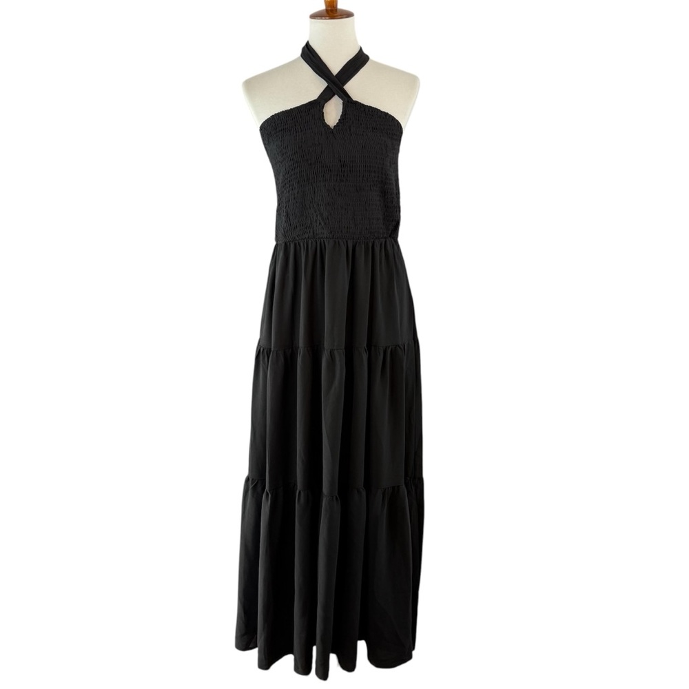 Grace Karen Chic Black Smocked Bodice Halter Neck Maxi Dress